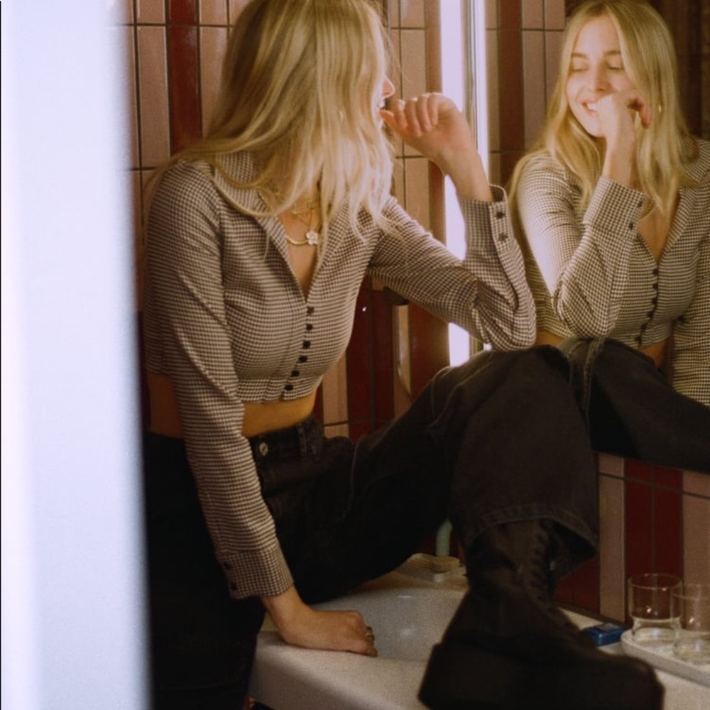 Zara Houndstooth Long Sleeve Crop Top